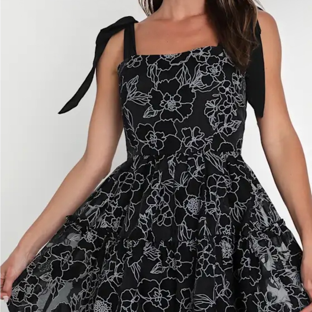 Lulu's Black Midi Dress with White Floral Embroidery and Tie Shoulders - Picture 5 of 13